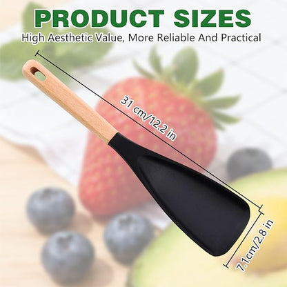 2PCS Cedar and Ash Spoon, Multifunction Nonstick Cookwares Spatula Cooking Spoon, Matte Silicone, Wood Handle Spoon for Mixing, Scoop, and Scrape (Black)