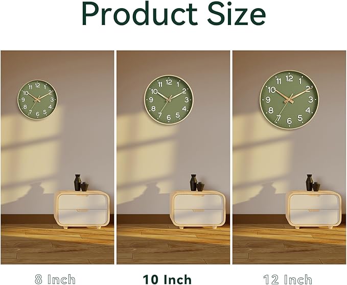 Roymnie Wall Clock Green, 10 Inch Silent Wall Clocks Battery Operated-Modern Non Ticking Analog Clock Decorative for Kitchen Bedroom Office Bathroom(Gold)