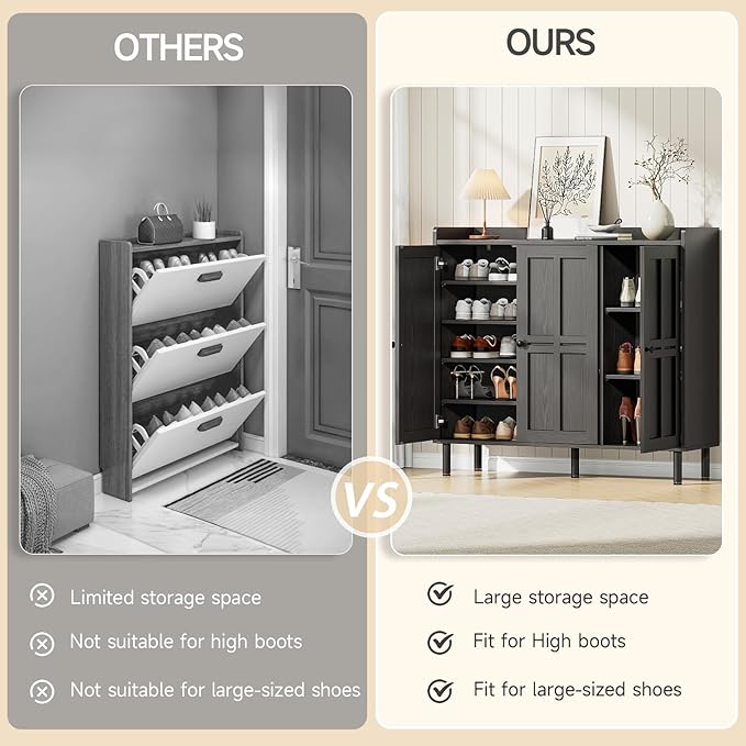 ONBRILL Shoe Cabinet with 3 Doors and Adjustable Shelves, 30 Pairs Shoe Storage Cabinet, 40 Inch Tall Farmhouse Shoe Rack Shoe Organizer Cabinet for Entryway Living Room Closet, Black