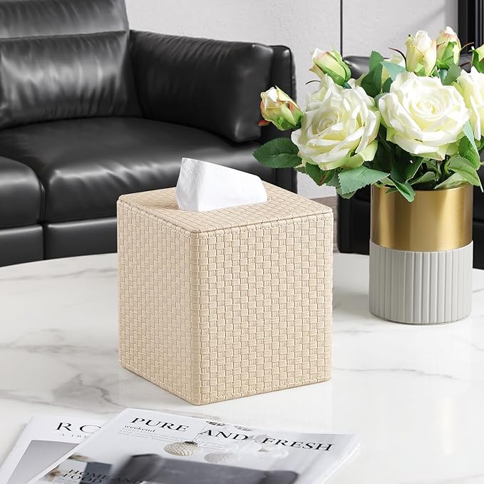 Square Tissue Box Cover, Stylish Leather Tissue Box Holder with Magnetic Bottom, Used As A Decorative Tissue Holder for Living Rooms, Bedrooms, and Desks (Beige Woven Pattern)-1
