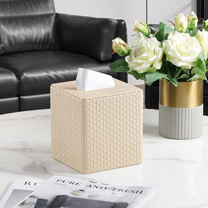 Square Tissue Box Cover, Stylish Leather Tissue Box Holder with Magnetic Bottom, Used As A Decorative Tissue Holder for Living Rooms, Bedrooms, and Desks (Beige Woven Pattern)-1