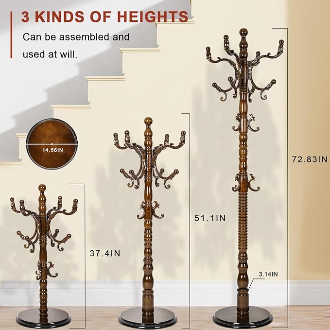 Wooden Coat rack freestanding, Coat racks stand with 14 Hook, Heavy duty coat tree standing 3 Adjustable Heights for Bedroom, Entryway, Hallway, Office,Stury Base (Light brown)