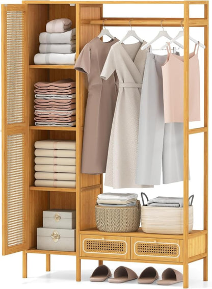 Giantex Bamboo Clothes Rack with Shelves, Freestanding Garment Rack w/Rattan Door, Hanging Rod, Storage Shelf, 2 Drawers, 7-Tier Heavy Duty Wardrobe Closet Organizer w/Cabinet for Entryway Bedroom