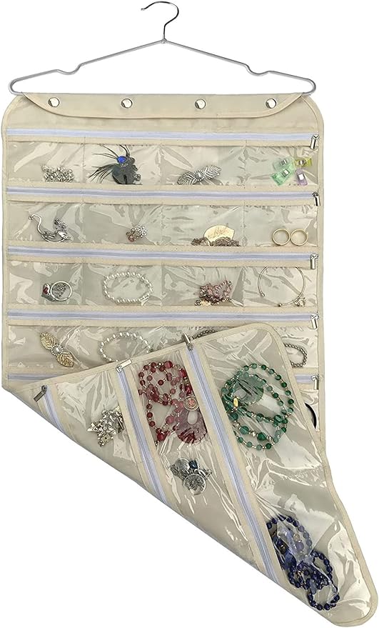 BB Brotrade Hanging Jewelry Organizer,Accessories Organizer,56 Zipper Pocket Organizer for Holding Jewelries (Beige-Zipper)