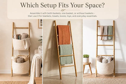 Bamboo Blanket Ladder with 2 Woven Storage Baskets, Handcrafted 55in Decorative Ladder for Blankets, Leaning Blanket Holder for Living Room, Towel Ladder for Bathroom & Quilt Display Rack