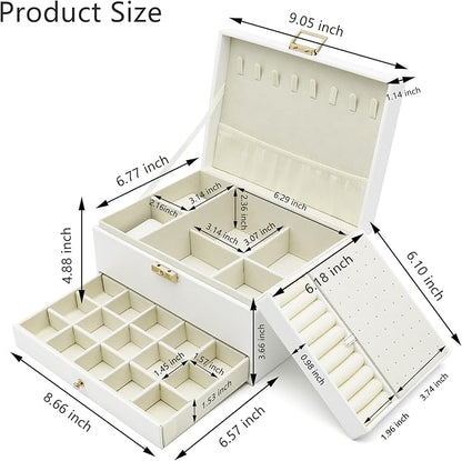 Jewelry Organizer Box, Jewelry Box Organizers for Women Girls, Jewellery Display Holder, 3 Layers Large Leather Jewels Storage Case for Earring, Rings, Necklaces, Bracelets, Watch, Ideal Gift (White)