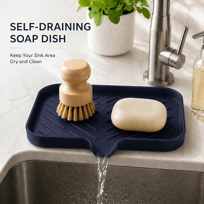 MicoYang Silicone Soap Dish with Drain Spout — Self-Draining Sink Organizer Tray for Bathroom & Kitchen, Sponges, Dispensers & Soap Holder, Non-Slip & Dishwasher Safe, Navy Blue (Medium, 9.6"×5.3")