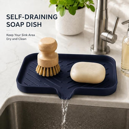 MicoYang Silicone Soap Dish with Drain Spout — Self-Draining Sink Organizer Tray for Bathroom & Kitchen, Sponges, Dispensers & Soap Holder, Non-Slip & Dishwasher Safe, Navy Blue (Medium, 9.6"×5.3")