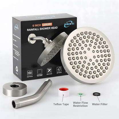 High Pressure Rainfall Shower Head, 6 Inches Showerhead with Perfect Adjustable Replacement, Removable Restrictor, Easy Installation for Your Bathroom Shower Heads(Brushed Nickel + Shower Arm)