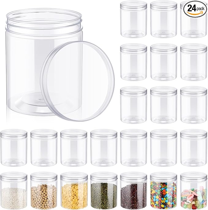 Irenare 24 Pcs 16 oz Plastic Jars with Lids Clear Plastic Containers Wide Mouth Food Mason Jars Airtight Storage Containers for Cake, Dried Fruit, Honey, Nuts, Carft, Scrub Cream(Clear Lids)