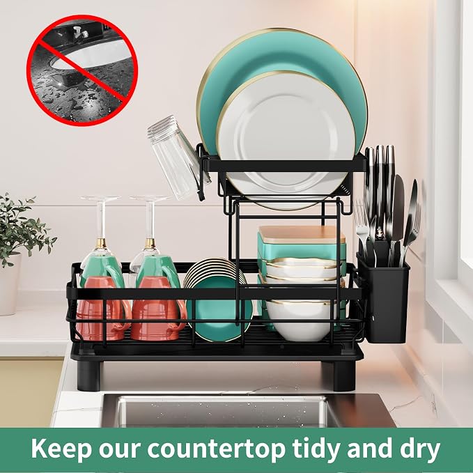 MOUKABAL Dish Drying Rack, Dish Rack, Stainless Steel Dish Racks for Kitchen Counter, Dish Drainer with Removable Utensil Holder, Drainboard (Black,2 Tier,13''W x 17''L)