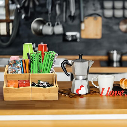 WRINGKIT Coffee Station Organizer for Countertop, Bamboo Coffee Bar Condiment Organizer, Extendable Tea Condiment Storage for Bar Decor, Kitchen, Office, 7 Compartment