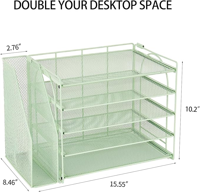 AUPSEN Green Desk Accessories Organizer,5-Tier Letter Tray Paper Organizer with Adjustable File Holder, Desktop Office Desk Accessories for Office Supplies