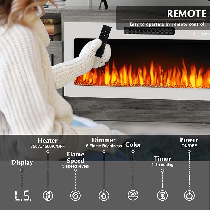 LEMBERI 70" Grey TV Stand with 36" White Electric Fireplace, 750W/1500W Entertainment Center for TVs up to 80", 20-Color LED, 300lbs Max Capacity High Gloss Cabinet, Grey & White Style