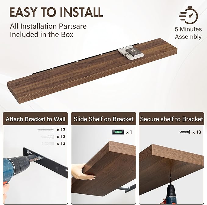 Acovy 72 Inch Floating Shelves, 12" Deep Floating Shelf Wall Mounted, 72" Wall Shelves, Rustic Deep Bookshelf, Extra Deeper & Thicker Display Shelves for Bedroom, Living Room, Walnut, Set of 1
