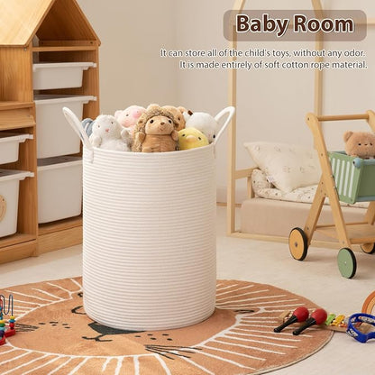 OIAHOMY Large Laundry Basket Hamper - 60L Cotton Rope Woven Basket for Blankets, Toys, Clothes - Tall Decorative Nursery Hamper with Long Handles, White