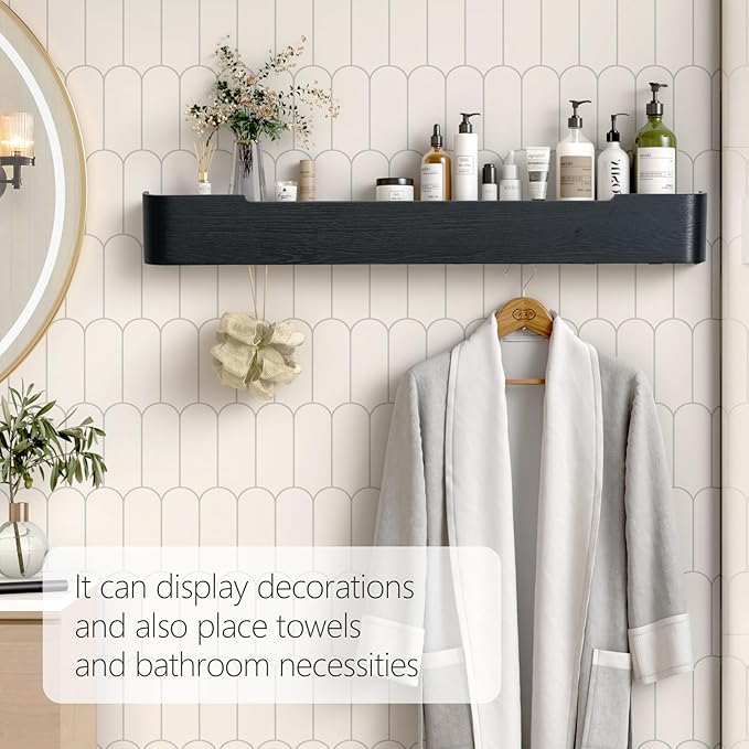 Coat Rack Wall Mount with Shelf 8 Hidden Hooks Modern Wooden Key Holder Entryway Organizer for Hallway Bedroom Bathroom Home Decor Storage for Hanging Coats Hats Bags Towels, Black