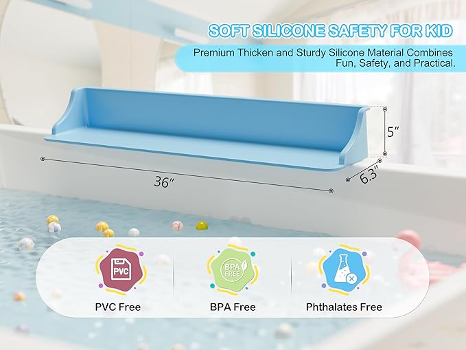 Cushore 3-Ft Bathtub Splash Guard PlayPad with Strong Suction Cups, Toy Tray Caddy Holder Storage, No-Leak, Mess-Free Bath Time for Kids, Blue