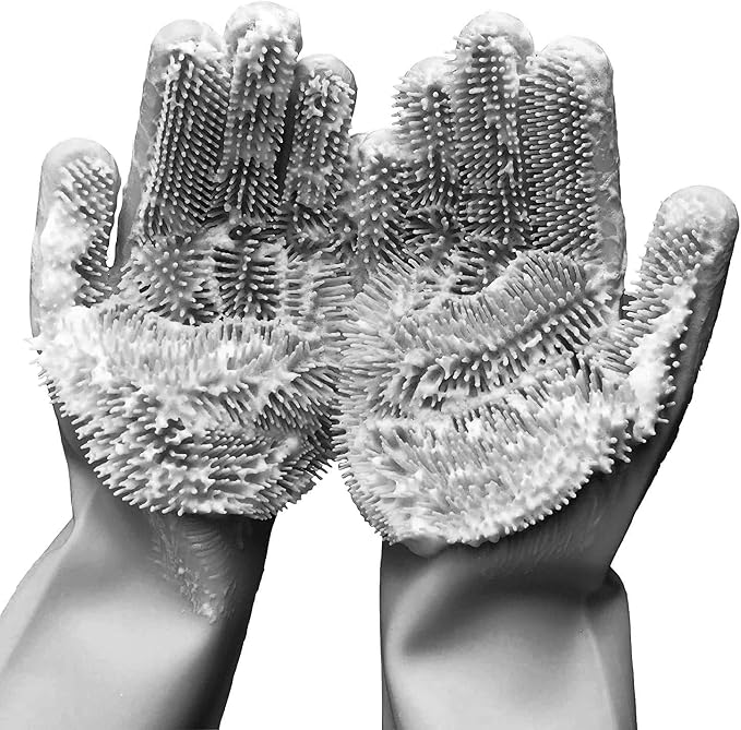 Silicone Dishwashing Gloves, Pet Grooming Rubber Scrubbing for Dishes, Sponge Wash Cleaning with Scrubbers (13.6" L)