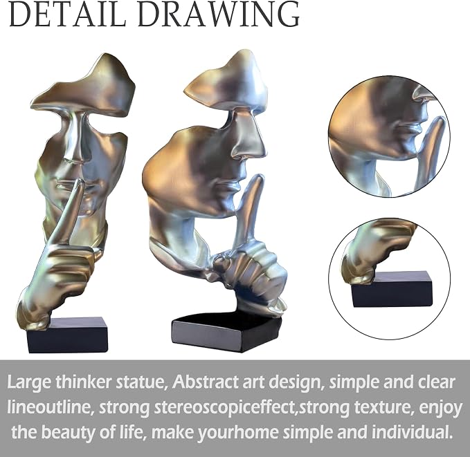 aboxoo Abstract Statues Silence is Gold Decorative Objects,Modern and Simple Resin Figurine,Desk Decoration for Office Home Piano Deco(Large Silver)
