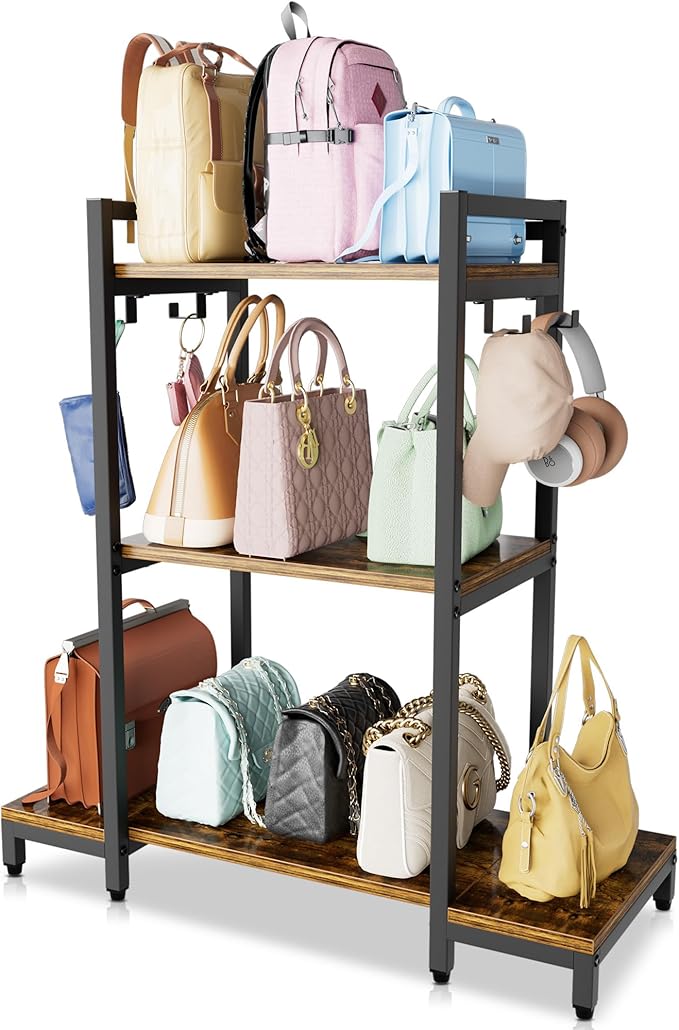 Aquzee Purse Shelf Storage, 3 Tier Stand Bag Organizer for Handbag Organizers, Backpack Storage with 4 Hooks for Holder, Large Purse Shelf for Closet, Home Living Room Bedroom Purse Storage Ideas