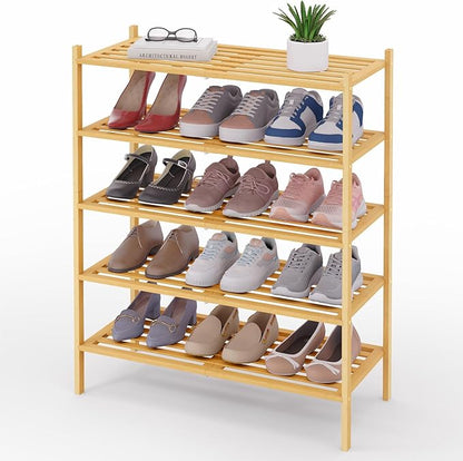 Smiry Bamboo Shoe Rack 5-Tier, Stackable Wooden Shoe Organizer for Entryway & Closet, Free Standing Wood Shoe Storage Shelf for Front Door & Small Spaces, Natural
