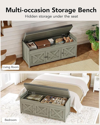 Pipishell 2-Tier Shoe Storage Bench with Cushioned Seat, Entryway Bench with Adjustable Shelf & Barn Doors, 300 lbs Capacity, 43.4" W x 16" D x 18" H, for Entryway, Bedroom, Living Room, Gray