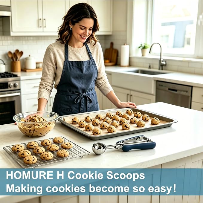 HOMURE H Cookie Scoop Set, Include 1 Tbsp/2 Tbsp/3 Tbsp, Cookie Dough Scoop, Cookie Scoops for Baking Set of 3, Mellon Baller Scoop, Dusty Blue, Non-Slip, For Cookies Cupcake Muffin Ice Cream Meatball