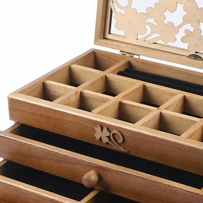 6-layer Jewelry Box Organizer, Lucky Four Leaf Clover Rustic Wooden Jewelry Boxes & Organizers,Jewelry Storage for Rings Earrings Necklaces Bracelets Christmas New Year Gift