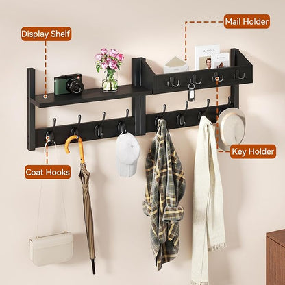 YMYNY 31.5" Coat Rack Wall Mount with Shelf, 4 in 1 Key and Coat Hanger with 12 Metal Hooks, Wall Shelf with Hooks & Mail Holder for Living Room, Bedroom, Black, HWS007B-2