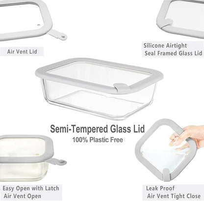 Glass Food Containers with Glass Lid, Microwave Safe Food Storage Container Set, 4 Pack, Airtight Storage Set with Leak Proof Lids, Meal Prep Containers