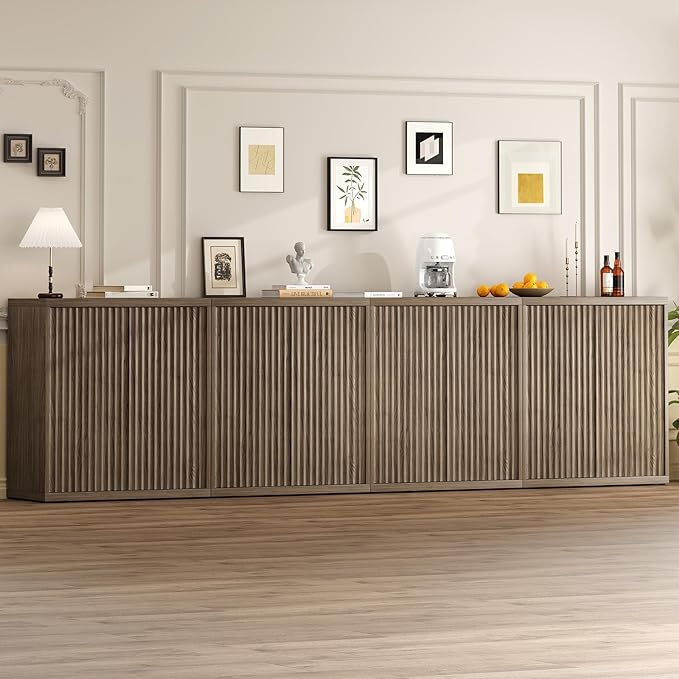 31” Sideboard Cabinet with Storage, Fluted Accent Cabinet with Adjustable Shelves, Modern Wood Credenza Cabinets with Pop-up Doors for Entryway Kitchen Living Room Hallway, Brown 4 Pcs