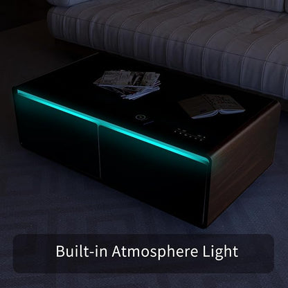 Smart Coffee Table with Fridge and Bluetooth, Smart Refrigerator Table with Dual Speakers, 15W Wireless Charger, Control Panel, Outlet Protection, USB Port, Atmosphere Light, LT135 Pro-Brown