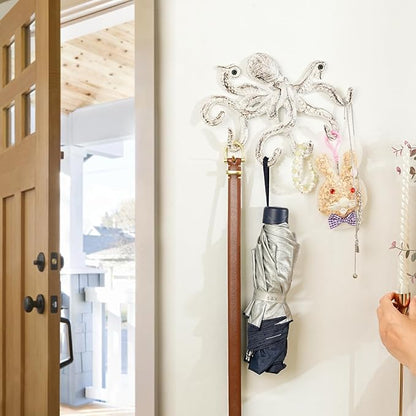 Sungmor Cast Iron Key Holder for Wall, Decorative Octopus Hanger with 6 Hooks, Vintage White Wall Hooks for Towel, Bathrobe, Necklaces, Purse, Dog Leashes, Bathroom Nautical Decor