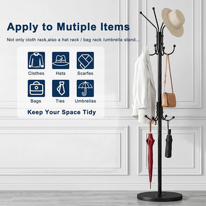 Freestanding Coat Rack with 12 Hooks,Modern Coat Stand with Wood Base for Entryway, Bedroom, Office, 3 Adjustable Height Coats Hanger Stand for Coats, Hats, Handbags and Scarves, Black