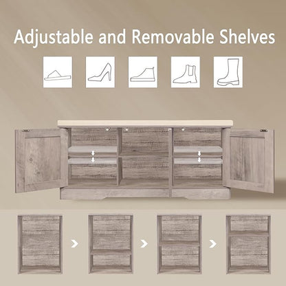 DINZI LVJ Shoe Bench, Entryway Storage Bench with Doors, Cushion, 2-Tier Shoe Rack with 6-Cubby, 39.4”L x 13.8”W Shoe Organizer Cabinet, Adjustable Shelf, Living Room, Bedroom, Greige