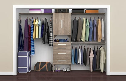 ClosetMaid SuiteSymphony Wood Closet Organizer Kit with Tower, 3 Hang Rods, Top Shelves, 4 Drawers, Doors, Adjustable, Fits Spaces 6 - 10 ft. Wide, Natural Grey