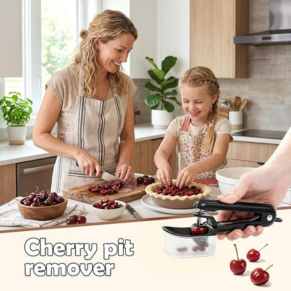 Cherry Pitter Tool, Stainless Steel Cherry Pitter with Built-in Pit Catcher - Food Grade ABS & Steel Core Remover, Ergonomic Grip, Safety Lock, Dishwasher Safe