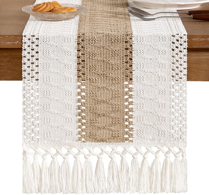 Socomi Boho Table Runner Valentine's Day Farmhouse Rustic Dining Kitchen Centerpiece Decor Small Macrame Woven Cotton Linen Coffee Table Runner for Dresser Scarf Home Decor 12x60 inch