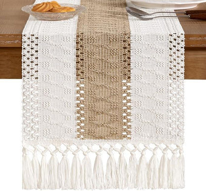 Socomi Boho Table Runner Valentine's Day Farmhouse Rustic Dining Kitchen Centerpiece Decor Small Macrame Woven Cotton Linen Coffee Table Runner for Dresser Scarf Home Decor 12x72 inch