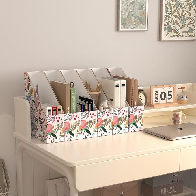 EXYGLO 12 Pack Magazine File Holder, Cardboard Magazine Rack with Label, Foldable Storage Organizer Box for Book, Documents, Floral Design, 9.9x3.3x12 Inches