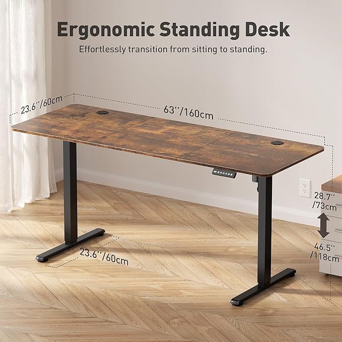 Electric Standing Desk Adjustable Height 63 x 24 Inch, Large Sit Stand Desk, Stand up Desk for Home Office, Computer Workstation (Spliced Desktop,Brown)