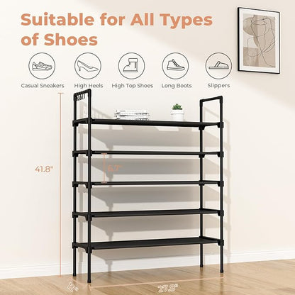 LANTEFUL 5 Tier Shoe Rack for Closet Shoe Organizer with 5 Hooks, Long Shoe Shelf Storage for Shoe and Boot Stackable Free Standing Shoe Rack for Entryway, Garage, Small Spaces, Dorm, Black