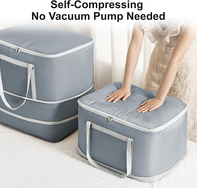 Comforter Storage Bag - 120L Bedding Storage Bags for Moving Closet, Washable Blanket Storage Bag, Ultra Space Saving Self Compression Organizer, 2-Pack, Grey