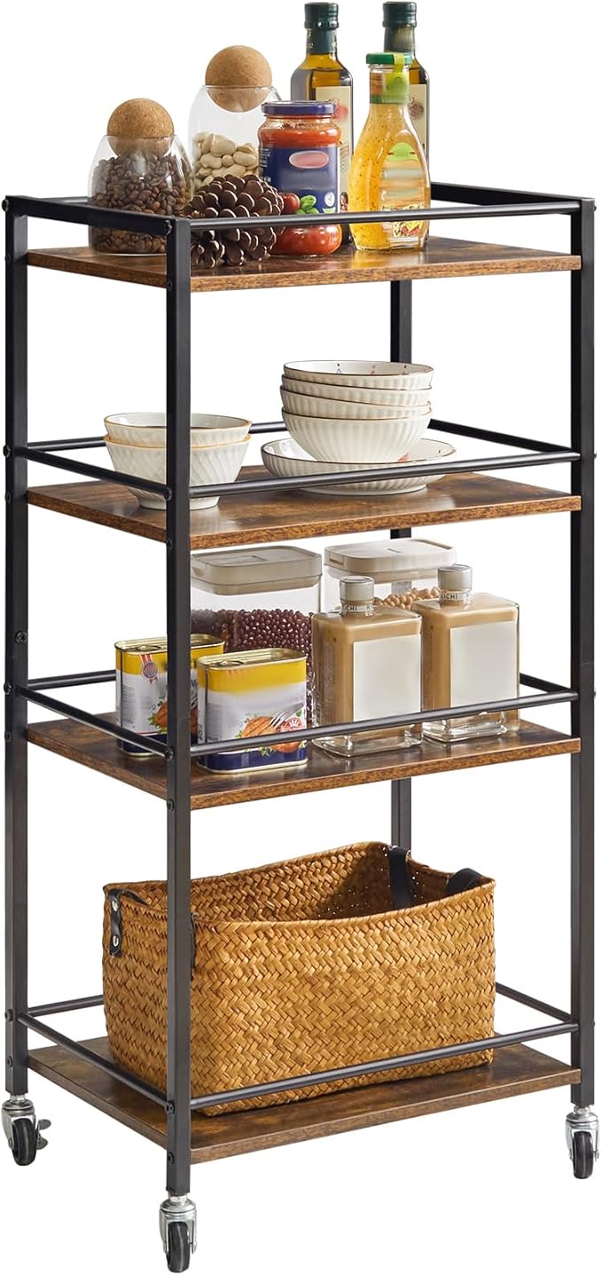 IBUYKE Industrial Bar Storage Cart, Mobile 4-Tier Shelf, Bedroom, Living Room & Bath Rustic Brown TMJ419H