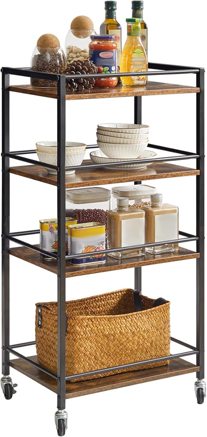 IBUYKE Industrial Bar Storage Cart, Mobile 4-Tier Shelf, Bedroom, Living Room & Bath Rustic Brown TMJ419H