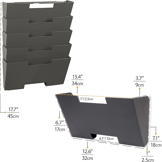 Wallniture Lisbon Metal Wall File Holder Organizer, 5-Tier File Folders Letter Size Magazine Holder and Office Decor, Gray