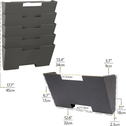 Wallniture Lisbon Metal Wall File Holder Organizer, 5-Tier File Folders Letter Size Magazine Holder and Office Decor, Gray