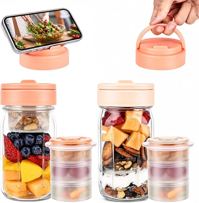 TQRR 32 OZ 4 Pack Overnight Oats Containers with Lids, Glass Storage Jar with Dry and Wet Separation, Leakproof Wide Mouth Mason Jars, Glass Jars with a Handle for Salads,Yogurt (2, Beige & Pink)