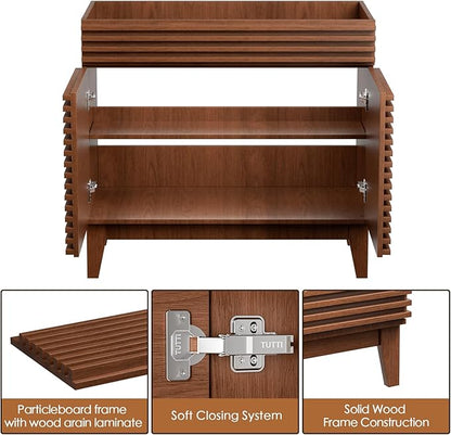 ROOMTEC 36" Bathroom Vanity, Mid-Century Freestanding Bathroom Cabinet Vanity with Storage, Particleboard Frame with Wood Grain Laminate, Walnut (Sink Basin Not Included)